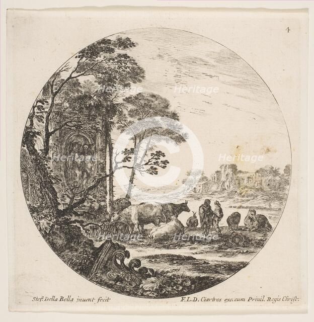 Plate 4: a Corinthian capital on the ground at left, a monument with figures in low re..., ca. 1646. Creator: Stefano della Bella.