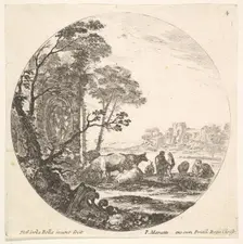 Plate 4: a Corinthian capital on the ground to left in the foreground, a monument w..., ca. 1643-48. Creator: Stefano della Bella