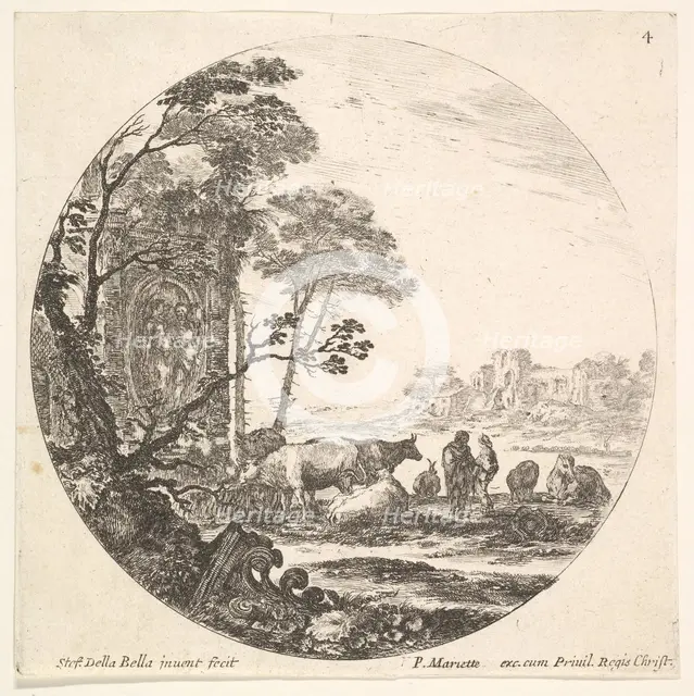 Plate 4: a Corinthian capital on the ground to left in the foreground, a monument w..., ca. 1643-48. Creator: Stefano della Bella.