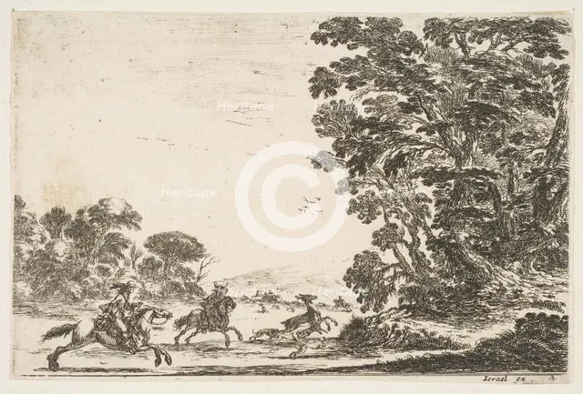 Plate 4: a deer hunt, two horsemen galloping towards the left behind three dogs and a deer..., 1642. Creator: Stefano della Bella.