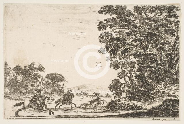 Plate 4: a deer hunt, two horsemen galloping towards the left behind three dogs and a deer..., 1642. Creator: Stefano della Bella.