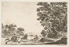 Plate 4: a deer hunt, two horsemen galloping towards the left behind three dogs and a deer..., 1642. Creator: Stefano della Bella