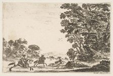 Plate 4: a deer hunt, two horsemen galloping towards the left behind three dogs and a deer..., 1642. Creator: Stefano della Bella
