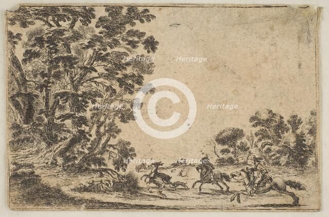 Plate 4: a deer hunt, two horsemen galloping towards the rightbehind three dogs and ..., after 1642. Creators: Stefano della Bella, Unknown.