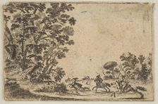 Plate 4: a deer hunt, two horsemen galloping towards the rightbehind three dogs and ..., after 1642. Creators: Stefano della Bella, Unknown