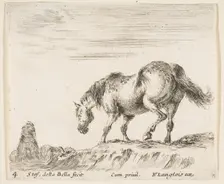 Plate 4: a horse in profile facing the left, about to descend from a mound, a horse..., ca. 1644-47. Creator: Stefano della Bella