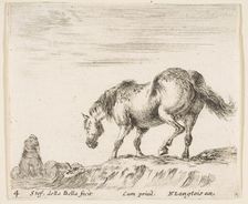 Plate 4: a horse in profile facing the left, about to descend from a mound, a horse..., ca. 1644-47. Creator: Stefano della Bella