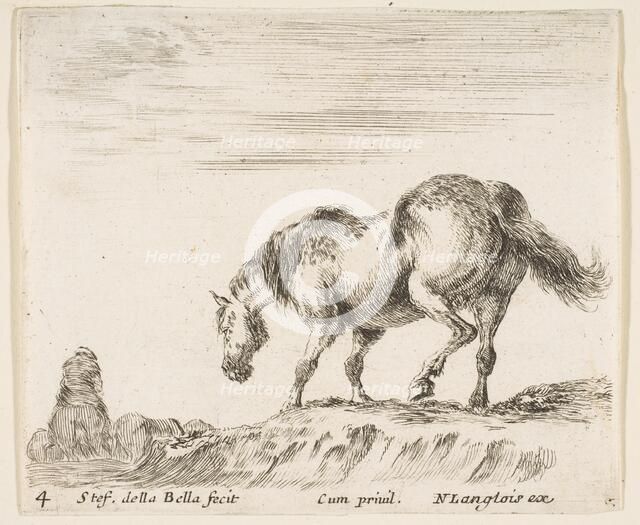 Plate 4: a horse in profile facing the left, about to descend from a mound, a horse..., ca. 1644-47. Creator: Stefano della Bella.