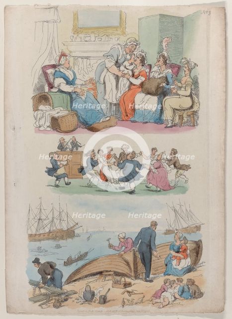 Plate 4: A Lying-in Visit, A Round Dance, from "World in Miniature", 1816., 1816. Creator: Thomas Rowlandson.