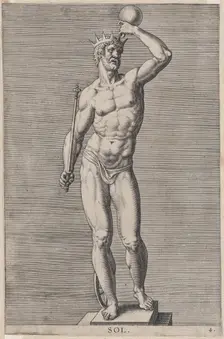 Plate 4: Apollo; statue of the nude god standing on a socle, wearing a crown and holding a..., 1586. Creator: Philip Galle