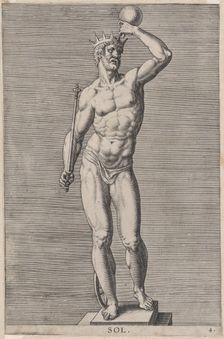 Plate 4: Apollo; statue of the nude god standing on a socle, wearing a crown and holding a..., 1586. Creator: Philip Galle