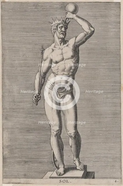 Plate 4: Apollo; statue of the nude god standing on a socle, wearing a crown and holding a..., 1586. Creator: Philip Galle.