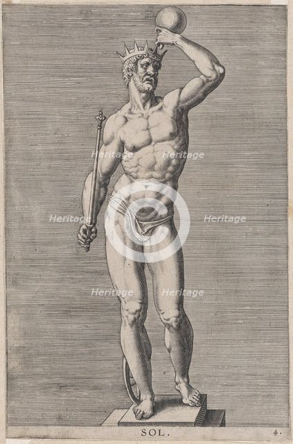 Plate 4: Apollo; statue of the nude god standing on a socle, wearing a crown and holding a..., 1586. Creator: Philip Galle.