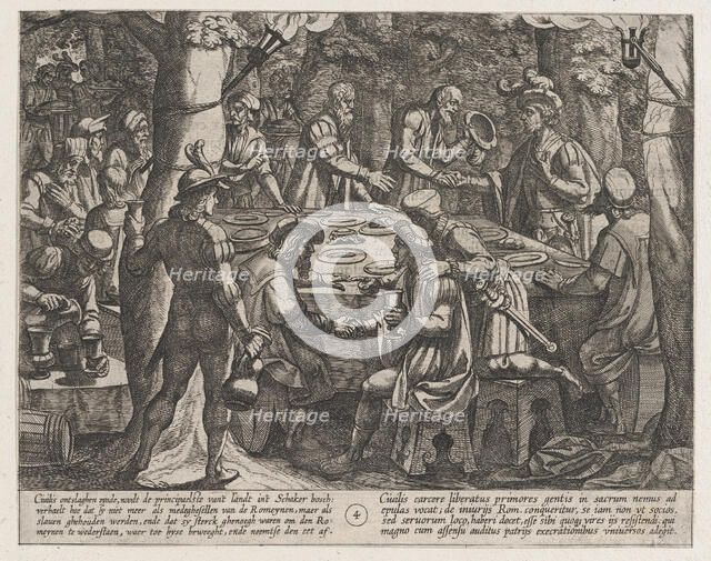 Plate 4: Civilis tells the Dutch Elders that They are Being Treated Like Slaves by the Rom..., 1611. Creator: Antonio Tempesta.