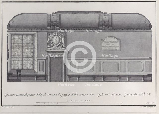Plate 4: cross-section of the Hall of the Institute of Bologna, with the entrance to the r..., 1756. Creator: Giovanni Battista Brostoloni.