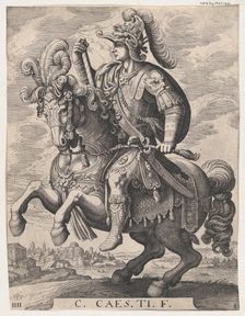 Plate 4: Emperor Gaius on Horseback, from The First Twelve Roman Caesars after Tempe..., 1610-50. Creator: Matthaus Merian