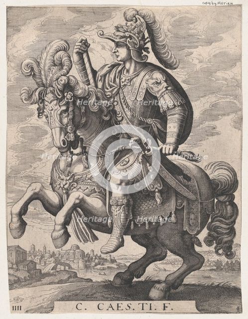 Plate 4: Emperor Gaius on Horseback, from 'The First Twelve Roman Caesars', after Tempe..., 1610-50. Creator: Matthaus Merian.