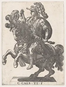 Plate 4: Emperor Gaius on Horseback, from The First Twelve Roman Caesars 1596. Creator: Antonio Tempesta