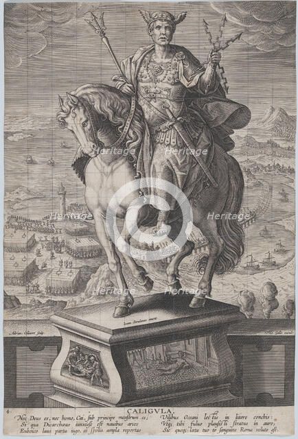 Plate 4: equestrian statue of Caligula, seen three-quarters to the left, wearing a ..., ca. 1587-89. Creator: Adriaen Collaert.