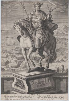 Plate 4: equestrian statue of Caligula, seen three-quarters to the left, wearing a ..., ca. 1587-89. Creator: Adriaen Collaert