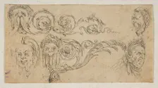 Plate 4: five grotesque heads, from Friezes, foliage, and grotesques (Frises, feu..., ca. 1642-43. Creator: Stefano della Bella