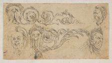 Plate 4: five grotesque heads, from Friezes, foliage, and grotesques (Frises, feu..., ca. 1642-43. Creator: Stefano della Bella