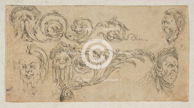 Plate 4: five grotesque heads, from 'Friezes, foliage, and grotesques' (Frises, feu..., ca. 1642-43. Creator: Stefano della Bella.