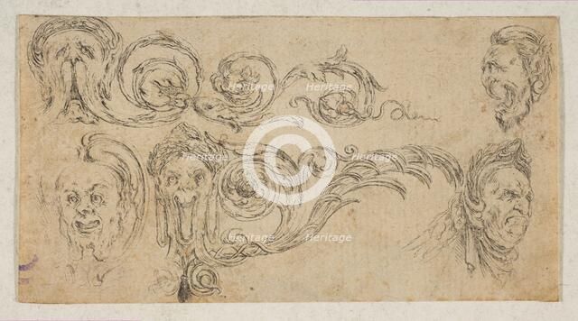 Plate 4: five grotesque heads, from 'Friezes, foliage, and grotesques' (Frises, feu..., ca. 1642-43. Creator: Stefano della Bella.