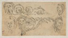 Plate 4: five grotesque heads, from Friezes, foliage, and grotesques (Frises, feu..., ca. 1642-43. Creator: Stefano della Bella