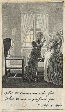Plate 4 for C. L. Bretzner's The Marriage Broker 1784. Creator: Daniel Nikolaus Chodowiecki