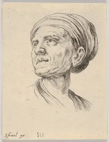 Plate 4: head of an old woman with a bonnet, looking left from Various heads and figures .., 1650. Creator: Stefano della Bella