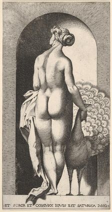 Plate 4: Juno standing in a niche, viewed from behind, stroking a peacock to her right, fr..., 1526. Creator: Giovanni Jacopo Caraglio