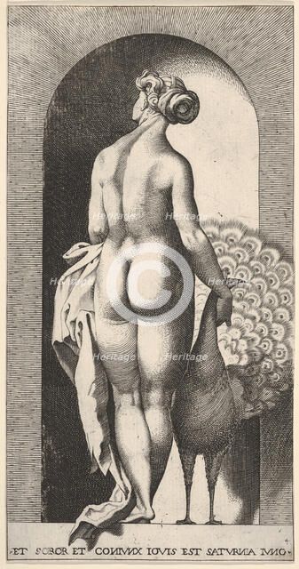 Plate 4: Juno standing in a niche, viewed from behind, stroking a peacock to her right, fr..., 1526. Creator: Giovanni Jacopo Caraglio.