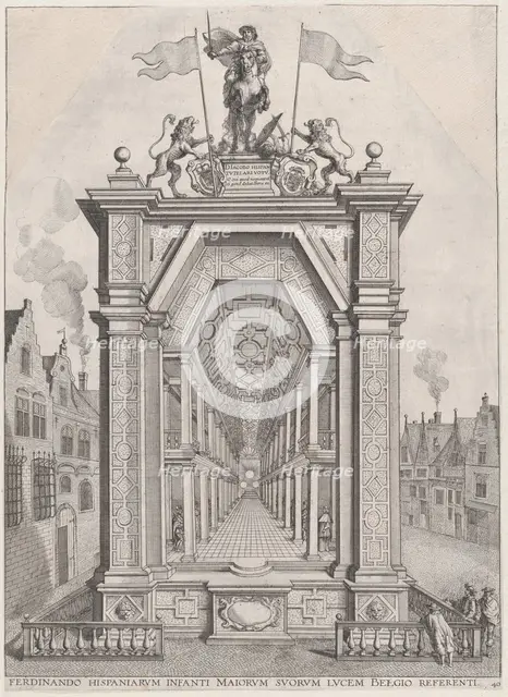 Plate 40: Design for festival architecture honoring the Spanish Prince Ferdinand's triumph..., 1636. Creators: Johannes Meursius, Willem van der Beke.