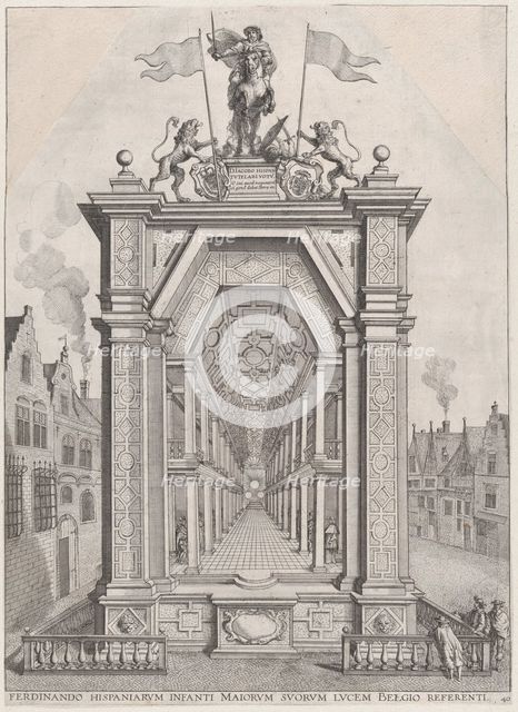 Plate 40: Design for festival architecture honoring the Spanish Prince Ferdinand's triumph..., 1636. Creators: Johannes Meursius, Willem van der Beke.