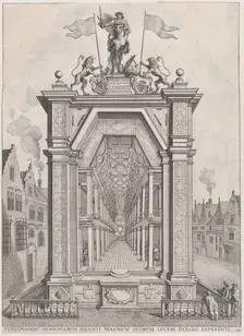 Plate 40: Design for festival architecture honoring the Spanish Prince Ferdinand's triumph..., 1636. Creators: Johannes Meursius, Willem van der Beke