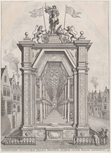 Plate 40: Design for festival architecture honoring the Spanish Prince Ferdinand's triumph..., 1636. Creators: Johannes Meursius, Willem van der Beke