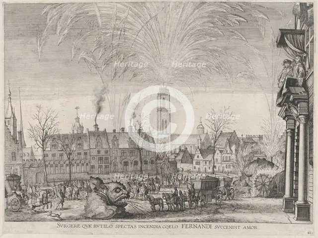 Plate 41: Fireworks display in city square with Ferdinand watching from a balcony at right..., 1636. Creators: Johannes Meursius, Willem van der Beke.