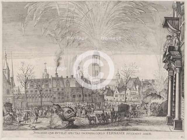 Plate 41: Fireworks display in city square with Ferdinand watching from a balcony at right..., 1636. Creators: Johannes Meursius, Willem van der Beke.