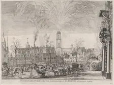 Plate 41: Fireworks display in city square with Ferdinand watching from a balcony at right..., 1636. Creators: Johannes Meursius, Willem van der Beke