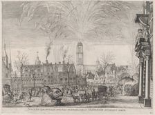 Plate 41: Fireworks display in city square with Ferdinand watching from a balcony at right..., 1636. Creators: Johannes Meursius, Willem van der Beke