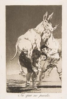 Plate 42 from Los Caprichos': Thou who canst not (Tu que no puedes.), 1799. Creator: Francisco Goya