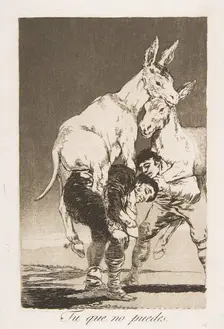 Plate 42 from Los Caprichos': Thou who canst not (Tu que no puedes.), 1799. Creator: Francisco Goya