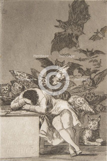 Plate 43 from 'Los Caprichos': The sleep of reason produces monsters (E..., 1799, published 1908-12. Creator: Francisco Goya.