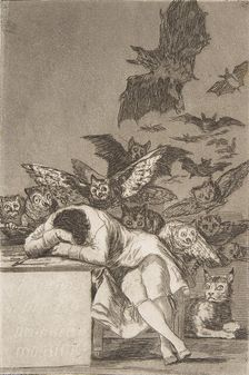 Plate 43 from Los Caprichos': The sleep of reason produces monsters (E..., 1799, published 1908-12. Creator: Francisco Goya