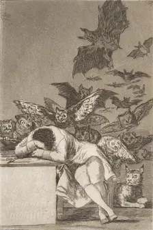 Plate 43 from Los Caprichos': The sleep of reason produces monsters (E..., 1799, published 1908-12. Creator: Francisco Goya