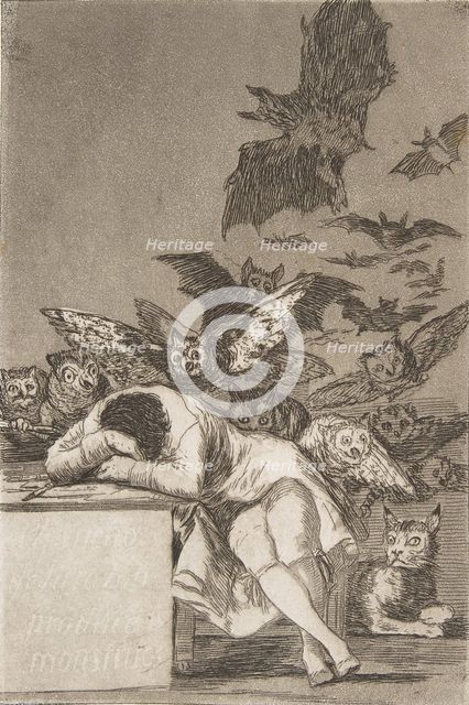 Plate 43 from 'Los Caprichos': The sleep of reason produces monsters (E..., 1799, published 1908-12. Creator: Francisco Goya.