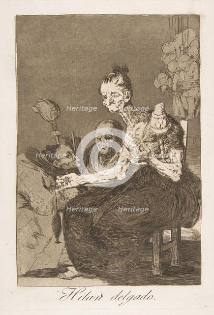 Plate 44 from 'Los Caprichos': They spin finely (Hilan delgado.), 1799. Creator: Francisco Goya.