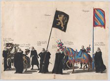 Plate 45: Men with heraldic flags and horses from the House of Brabant and Burgundy marchi..., 1623. Creator: Cornelis Galle I