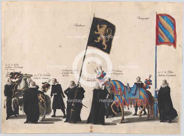 Plate 45: Men with heraldic flags and horses from the House of Brabant and Burgundy marchi..., 1623. Creator: Cornelis Galle I.